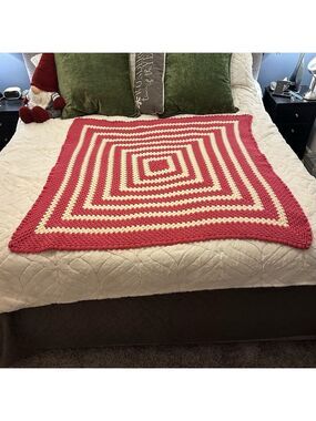 Vintage Afghan Crochet Throw Granny Square Small Rose Cream 52”x52” Handmade